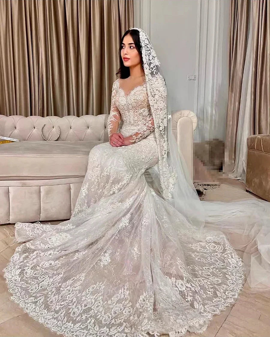 Customized2025Mermaid Wedding Dress Lace Embroidery 2 in 1 Strapless Neckline Full Sleeves Elegant Bride Dress Vestidos De Novia