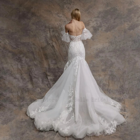 Classic Mermaid Wedding Dresses Sweetheart Neck Puff Sleeves Bridal Gowns Appliques Floor Length Tulle Vestidos De Novia 2024