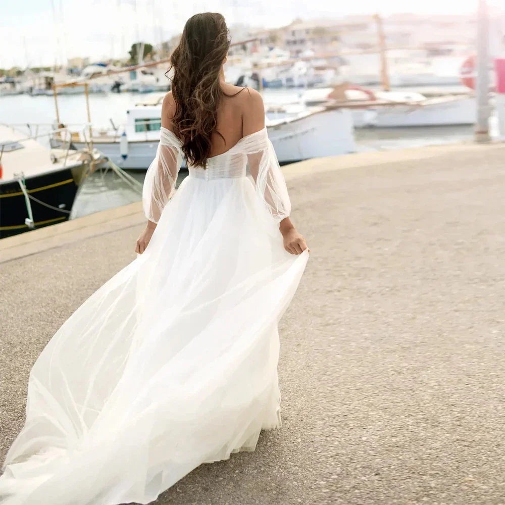 Elegant Wedding Dress 2026 Strapless Puff Sleeves Open Back Floor Length Tulle A-line Beach Bride Gown Bridal Gowns Vestidos