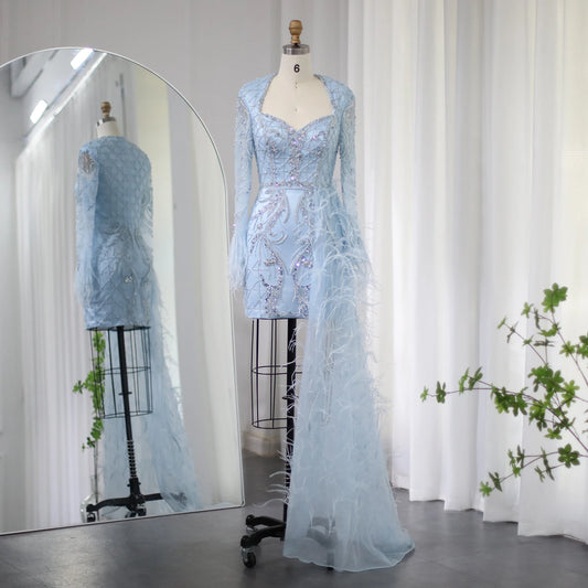 Plumes de luxe courtes robes de soirée avec surskirt arabe bleu lilas mini cocktail robe de bal ss355