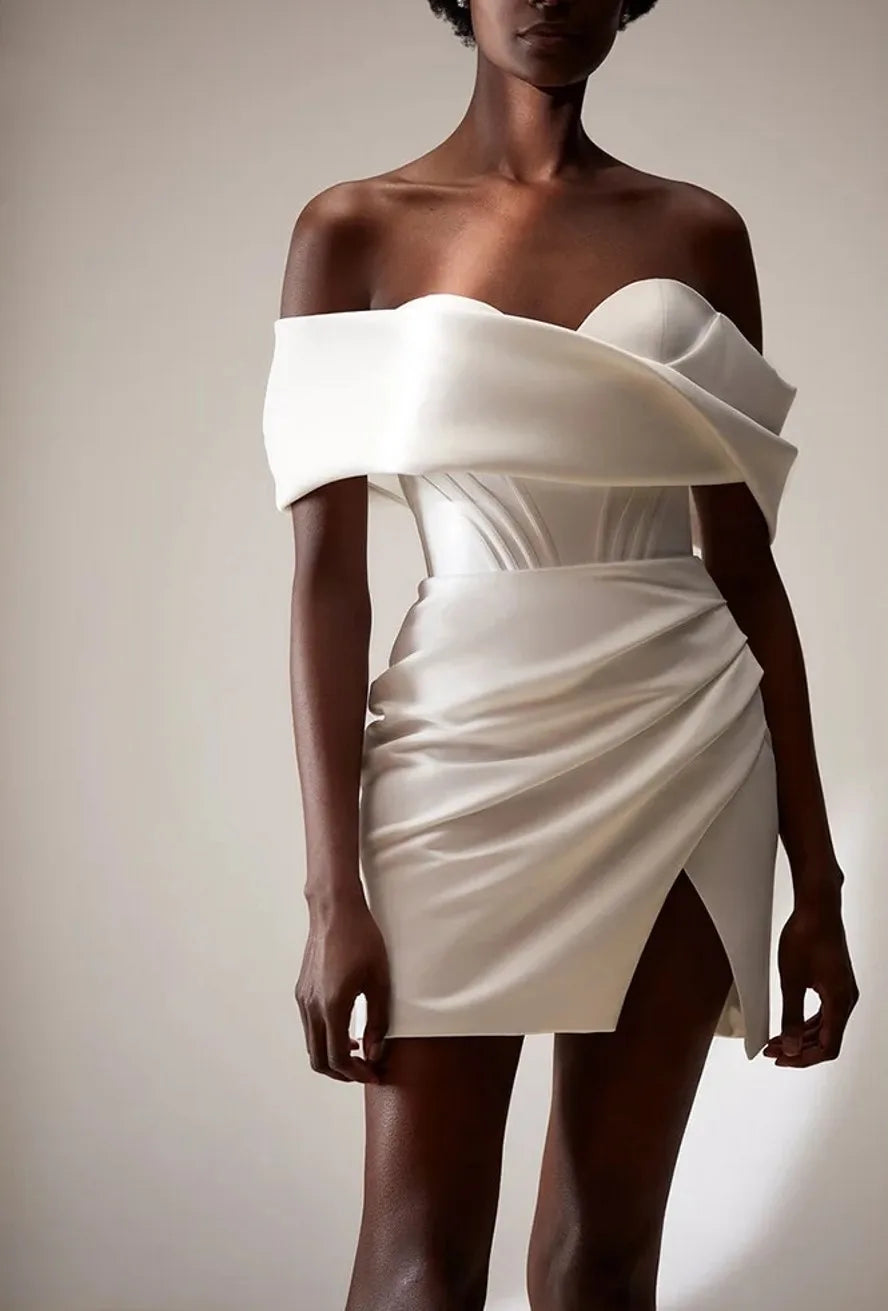 Sexy short off shoulder lace up backless mini satin bridal dresses party gown 2026 – Pollyanna Events