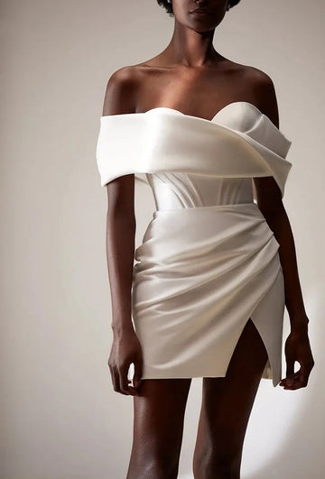 Sexy Short Wedding Dress 2026 Off the Shoulder Lace Up Backless Mini Satin Bridal Dresses Bride Party Gown