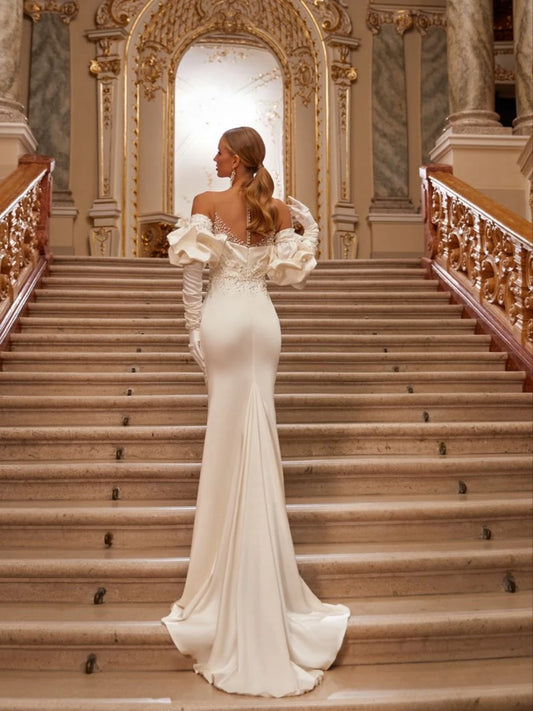 Romantic O-neck Weeding Dress Elegant Mermaid Bride Robe Pearls Long Sleeve Floor-length Bridal Dresses Vestidos De Novia