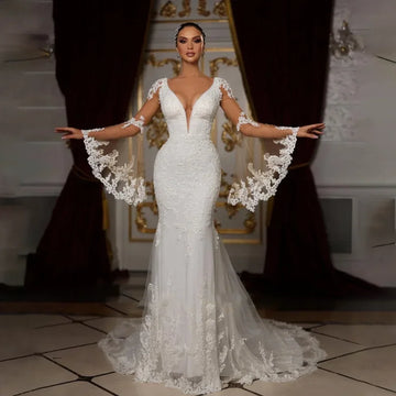 Customized Appliques Wedding Dresses Exquisite V-Neck Beads Mermaid Gowns Vestidos De Novia Elegant Sweep Train Bridal Dresses
