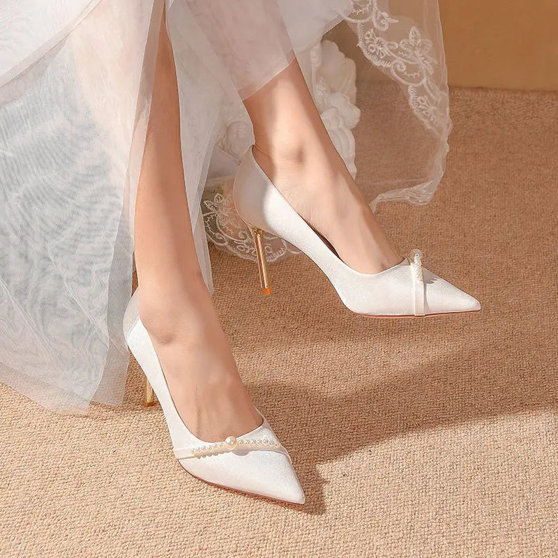 Bride pumps pearl stiletto high heels women wedding shoes popular pointed toe summer footwear – Pollyanna Events