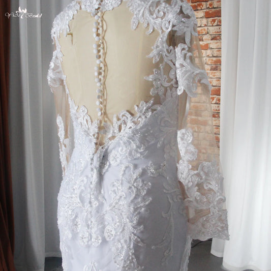 White Embroidery Long Sleeve Mesh Sweetheart Women's Lace Applique Mermaid Wedding Dresses for Bride