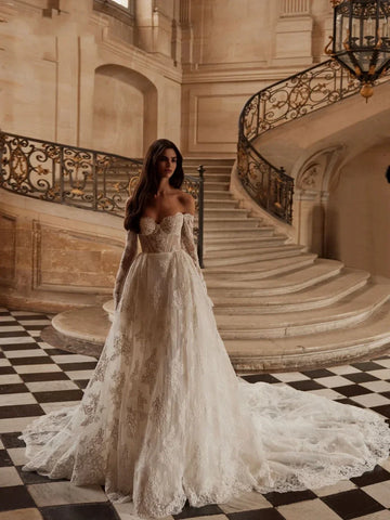 customized Off the Shoulder Wedding Dresses Sweetheart Long Sleeves Lace Appliques A-Line Princess Bride Gown Vestido De Novia