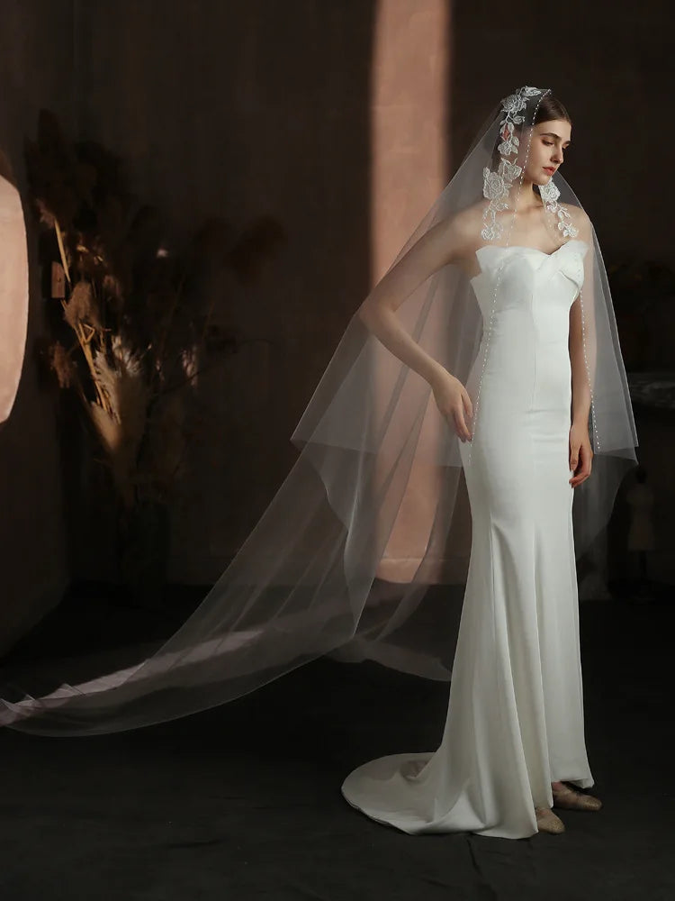 Long Pearl Bridal Veil Flower Lace Wedding Veils For Evening Dinner Party Dress Women Girl Gift Hair Accessories Brides Jewelry