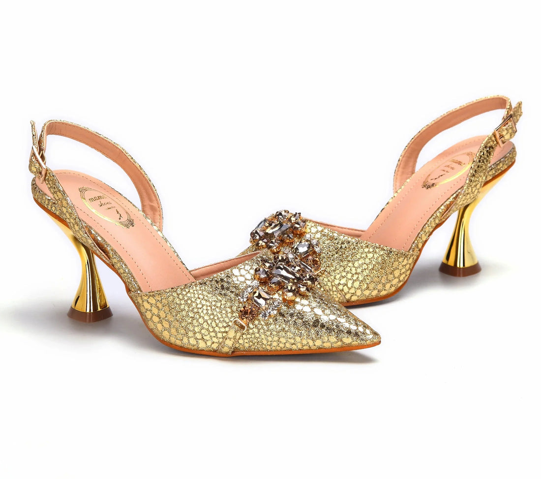 Gold spike heels pointed toe African women shoes matching bag set wedding party – Pollyanna Events