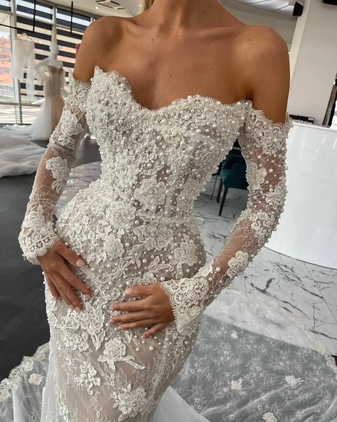 Customized Elegant Mermaid Wedding Dresses Sexy Sweetheart Beads Appliques Lace Bridal Gowns Long sleeve Vestidos De Novia