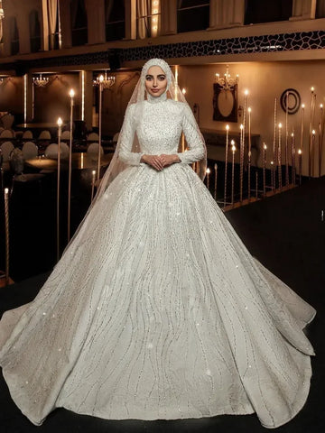 Customized Muslim Long Sleeves Wedding Dresses Sequined High Neck Bridal Gowns Made Glitter Vestido De Noiva 2025 Robe De Marie