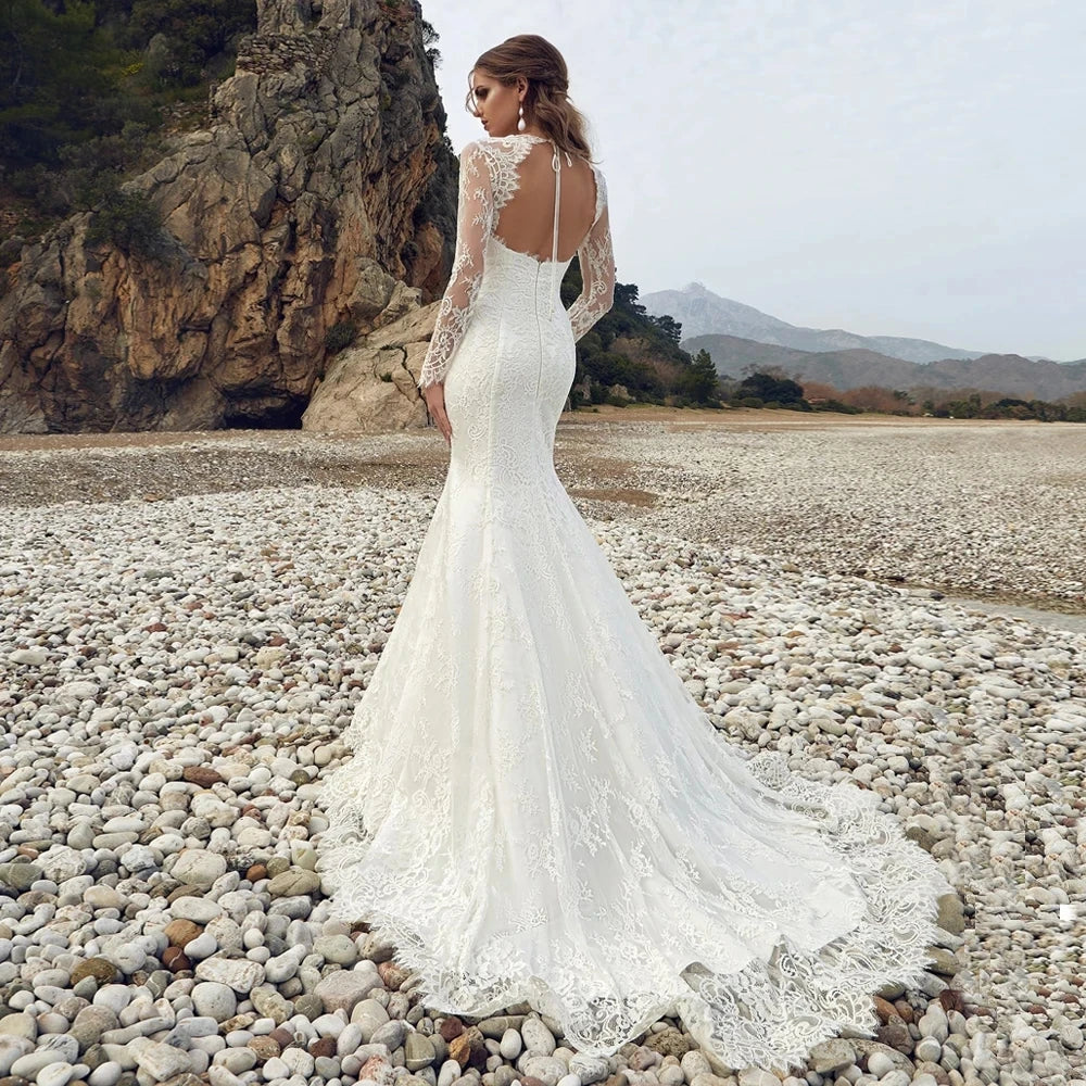 New Lace Wedding Dress Mermaid Bridal Gown 2026 V Neck Full Sleeves Open Back Woman Boho Bride Dresses Robe Mariage