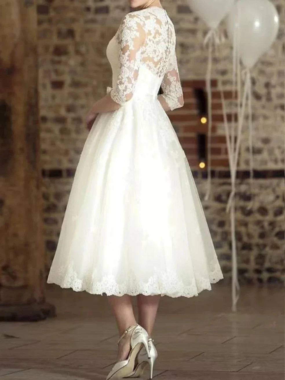 Vintage A-Line Wedding Dress 1940s Style V Neck Tea-Length Lace Covered Button Bridal Bride Gown Women vestidos de novia