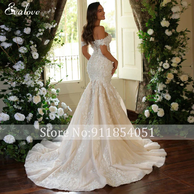 Design Romantic Sweetheat Lace Up 3D Flowers Mermaid Wedding Dress Sexy Off-Shoulder Appliques Beading Trumpet Bridal Gown