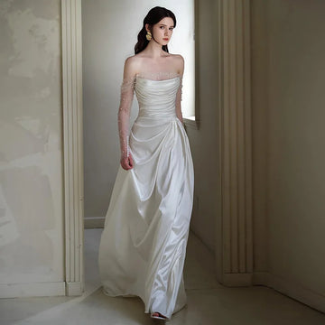 Simple A-line Wedding Dress Boat Neck Long Sleeves Pearls Satin Princess Bridal Party Gowns Boho Garden Vestidos De Noiva