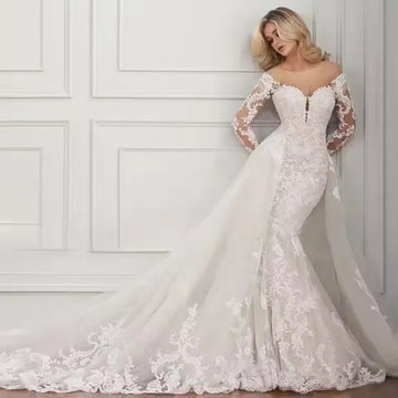 Customized Sweetheart Appliques Lace Long Sleeves  Mermaid Wedding Dress 2025 Floor Length Detachable Train Bridal Gown Robes