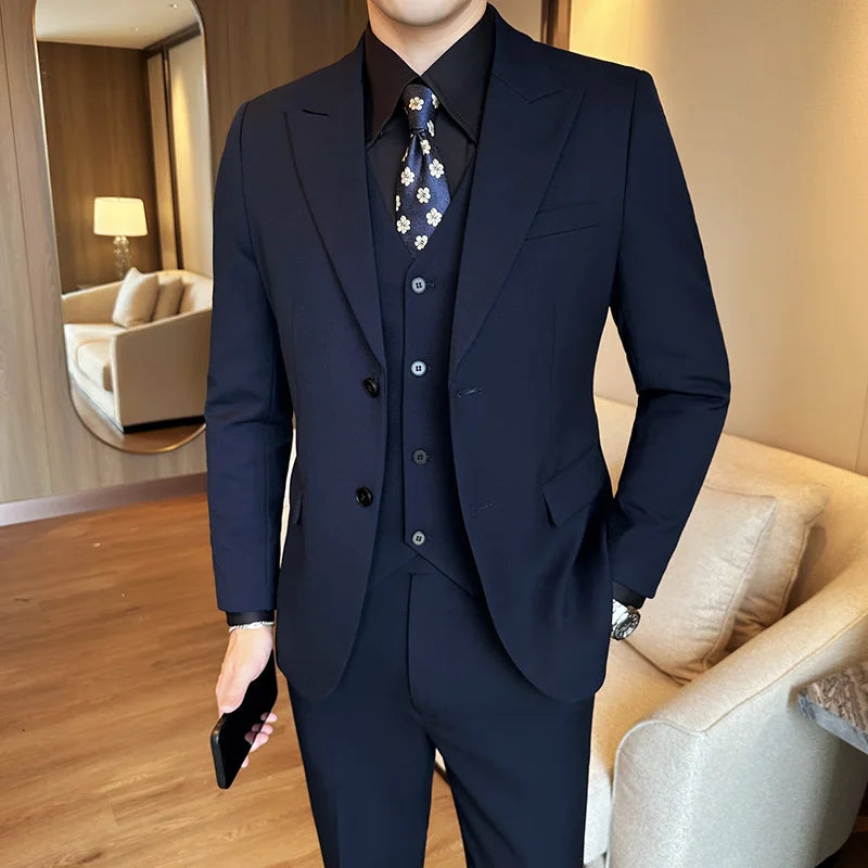 High-end wool (suit + vest + trousers) Stylish handsome men's business casual Tencel bridegroom wedding dress three-piece set Navy blue