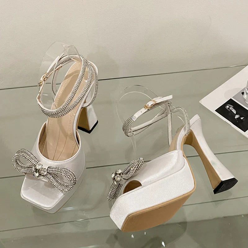 Runway rhinestone ankle strap high heels women sandals crystal bowknot open toe platform chunky party – Pollyanna Events