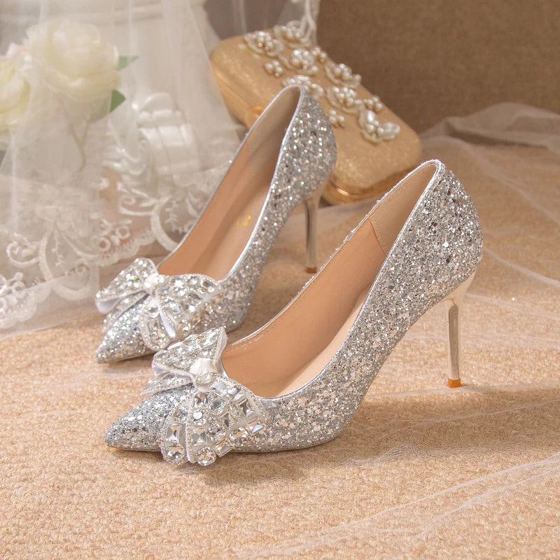 Zapatos de tacones de plata zapatos zapatos de boda para mujer zapatos de novias zapatos arco de lujo tacones altos Zapatos Mujer