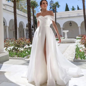2026 Elegant Sweetheart A-Line Wedding Dresses Off The Shoulder Backless Simple Satin Bridal Gowns High Side Split Custom Made