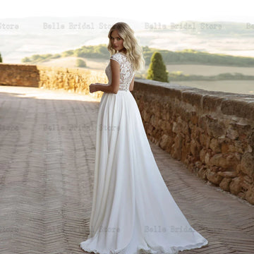 Elegant White Chiffon Wedding Dresses O Neck Cap Sleeves Lace Bridal Growns High Slit Floor-Length A-line Vestidos De Novia 2023