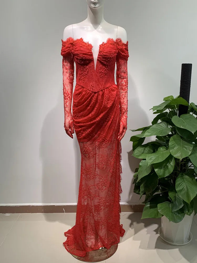 Women Celebrity Luxury Sexy Off Shoulder Lace Red Maxi Long Bodycon Dress 2024 Elegant Evening Party Dress Vestido