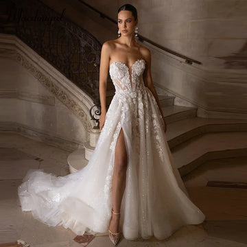 Customized Charming Sexy Slit Wedding Dresses for Women Lace Appliques Sequined Sweetheart A-Line Vestidos De Novia