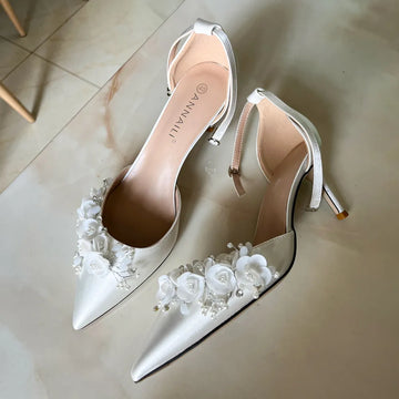 Bride Sandals White Satin Flowers 7cm Thin High Heels Customize Flats 3cm 5cm 9cm Heels Pointed Wedding Party Dress Women Shoes