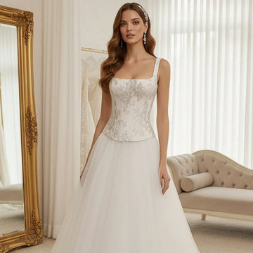 Elegant Tulle Lace Appliques Wedding Dress For Bride Square Collar Puffy Ball Gown For Women Long Bridal Gown Vestidos Novia