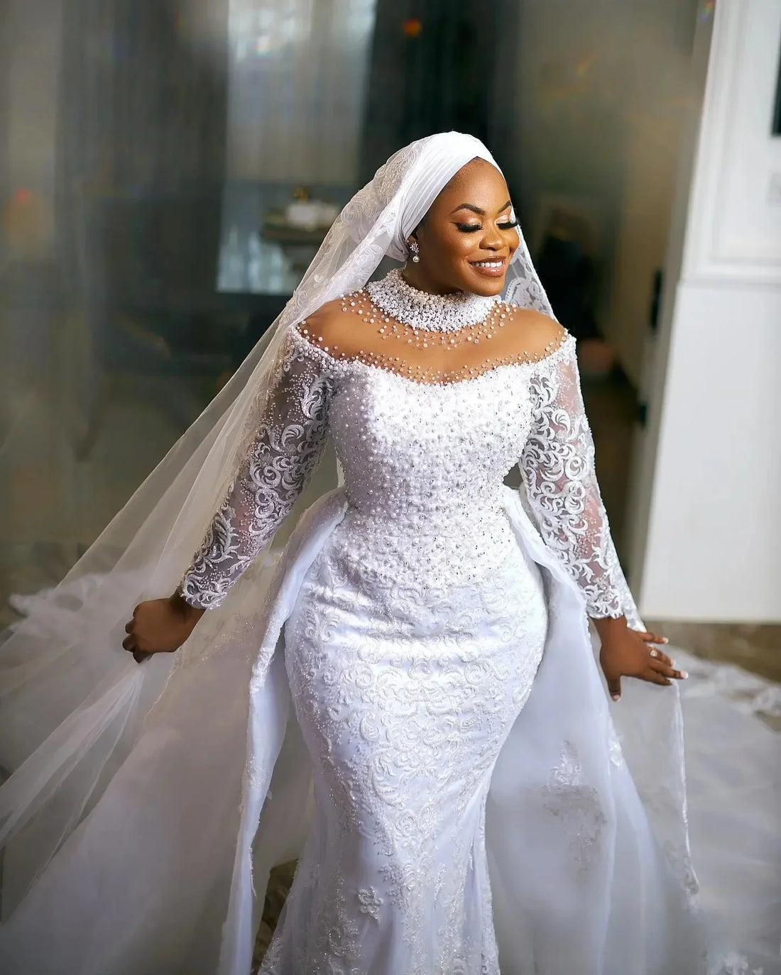 customized Plus Size Arabic African Wedding Dress Bridal Gowns Detachable Train Mermaid Pearls Lace High Neck Vestidos De Novia