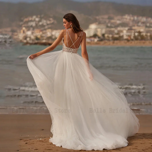 Abiti da sposa in tulle da spiaggia abiti da sposa senza maniche a v sul collo profondi appliques abbondante pavimento lunghezza a-line vestidos de noni 2024