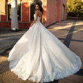 Lace appliques strapless tulle A-line sweep train elegant wedding dress bridal gown – Pollyanna Events