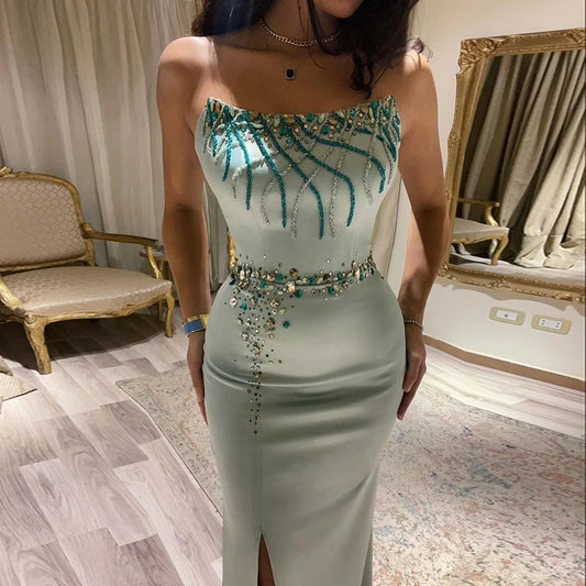 Turquoise Crystal Luxury Dubaï Robe de soirée pour femmes Femme de mariage Élégante Longue sirène Robes de bal formelles SS331