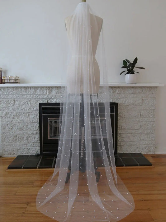 TopQueen Pearls Wedding Veils 1 Tier Soft Bridal Veil kralen bruiloft accessoires 3m kathedraal lengte sluier voor bruid ivoor v176