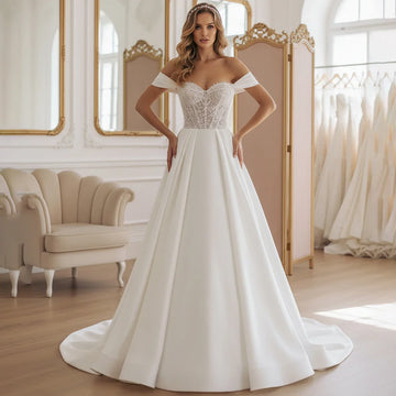 Elegant Satin Sweetheart Wedding Dress For Women Off Shoulder Long Ball Gown With Train A Line Lace Bridal Gown Vestidos Novia
