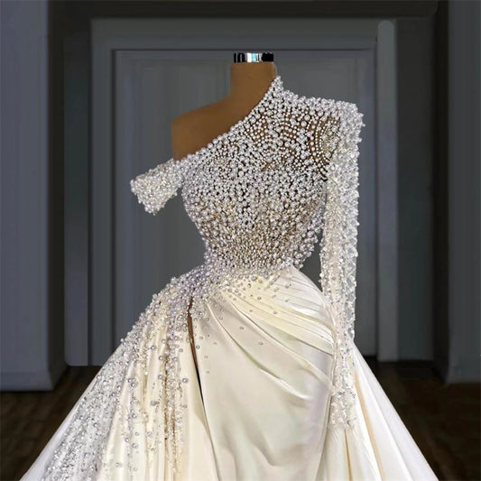 More Pearls Mermaid Wedding Dress One Shoulder With Detachable Train Bridal Gown Custom Made Sweep Train Robes De Mariée