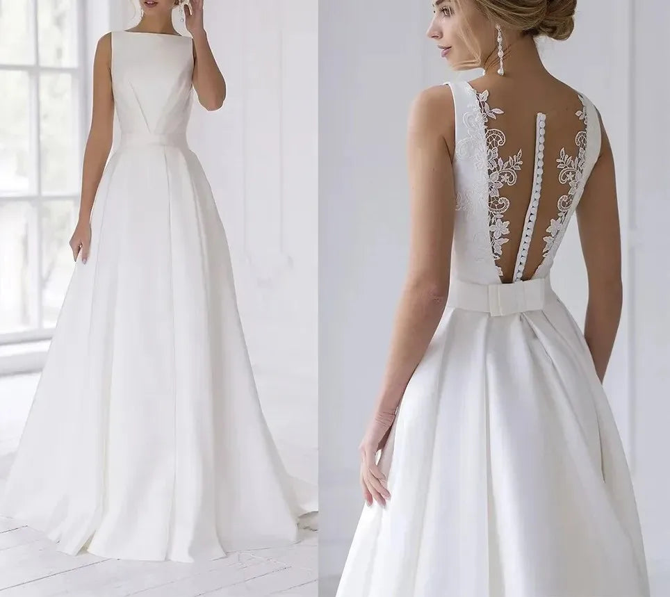 Boat neck sleeveless lace appliques button back A-line formal bridal gown wedding dress – Pollyanna Events