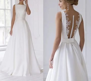 New Arrival Wedding Dress Boat Neck Sleeveless Lace Appliques Button Back A Line Bridal Formal Grown Vestidos De Novia