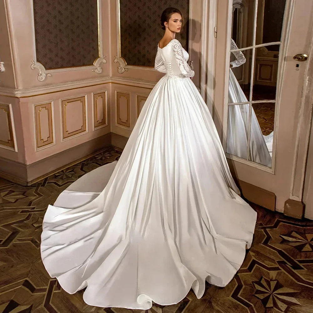 Customized Deep V Neck A Line Women's Wedding Dresses Lace Appliques Bride Gowns Long Sleeve satin Vestido De Noivas