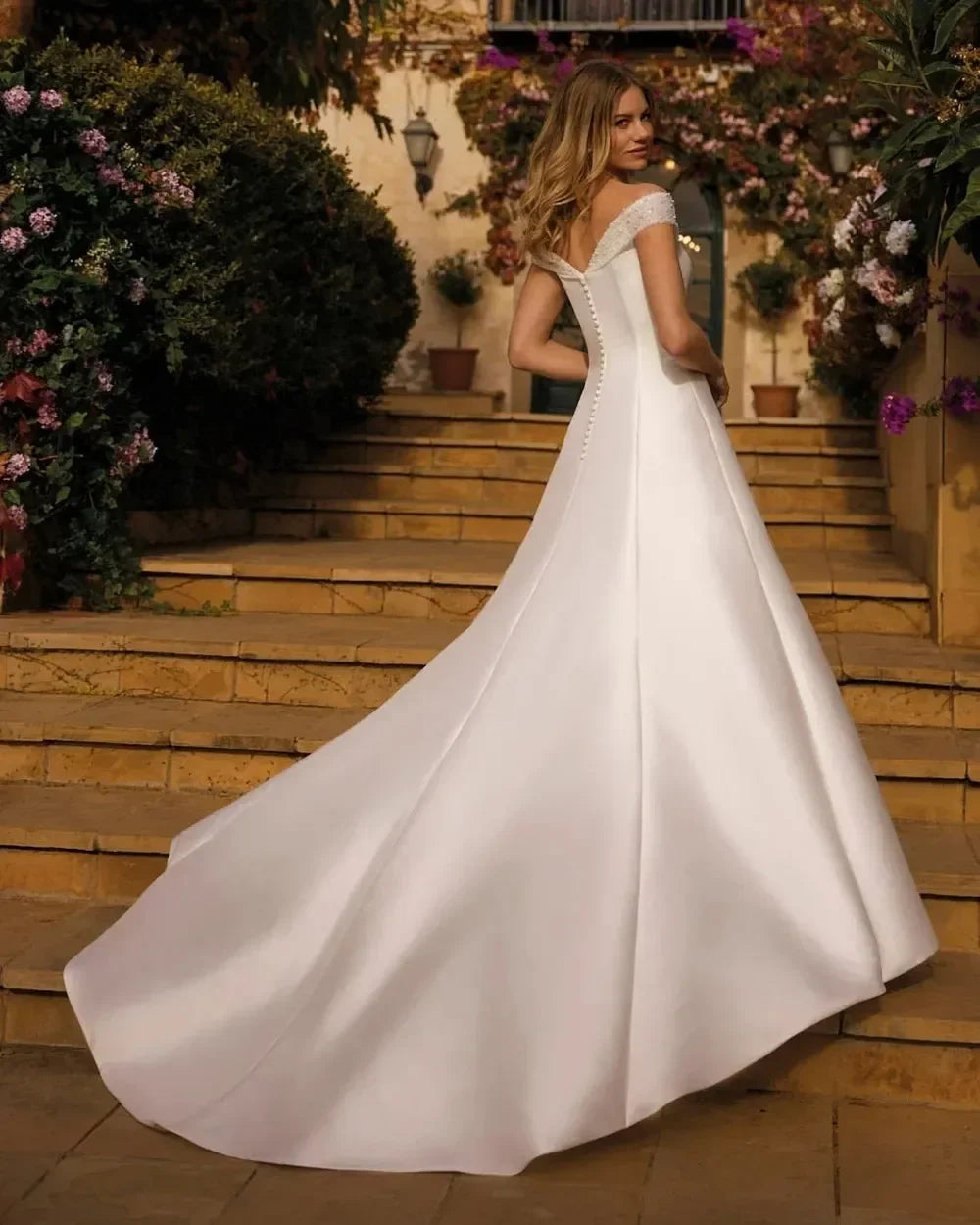 Princess A-line satin beads sequins off shoulder elegant formal bridal gown wedding dress – Pollyanna Events
