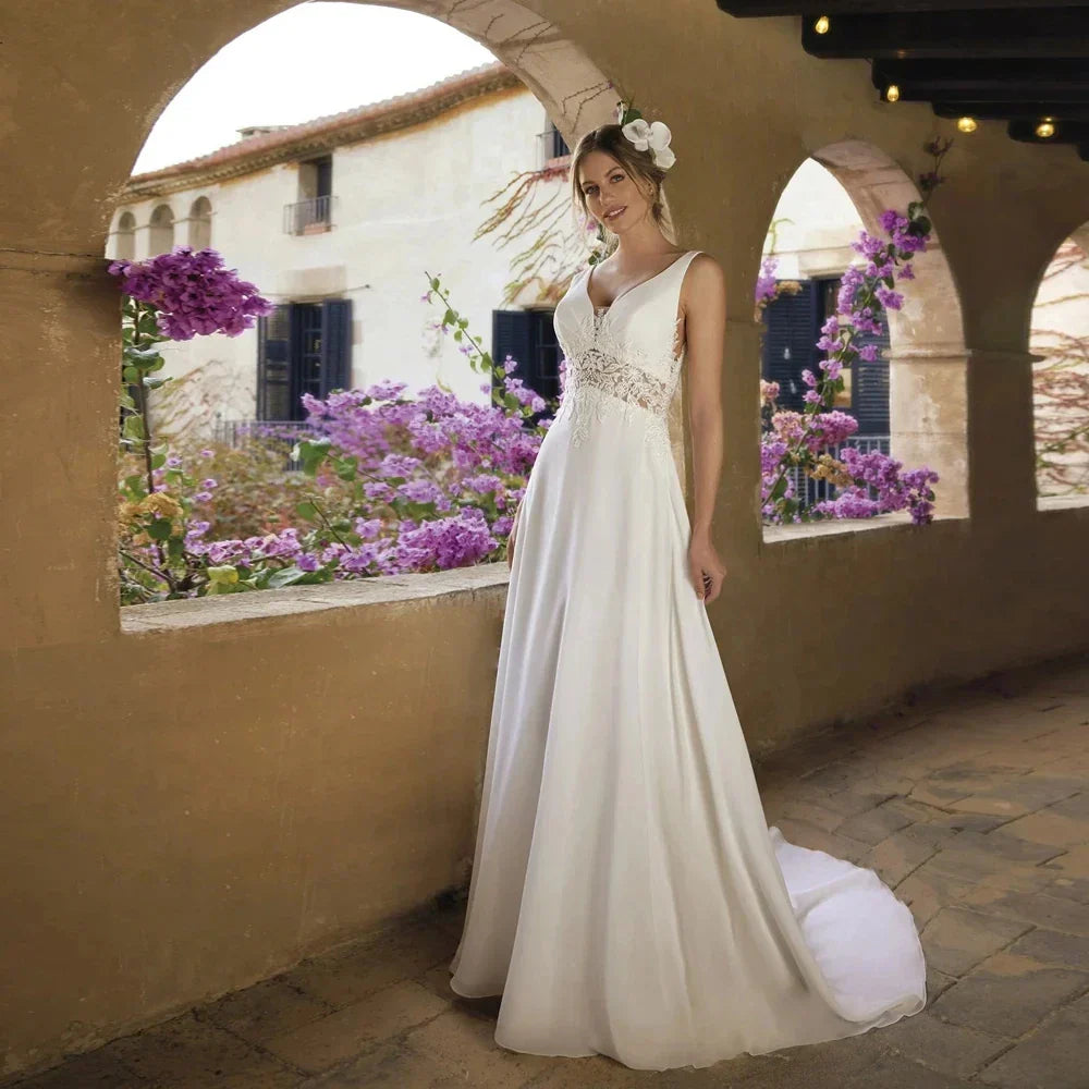 Classic spaghetti straps A-line V-neck chiffon applique lace sequined illusion bridal gown wedding dress 2026 – Pollyanna Events