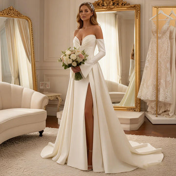 Luxury Strapless Wedding Dress With Slit Pleated Satin Bridal Party Gown For Women Long Sleeve Ball Gown Vestidos Novia