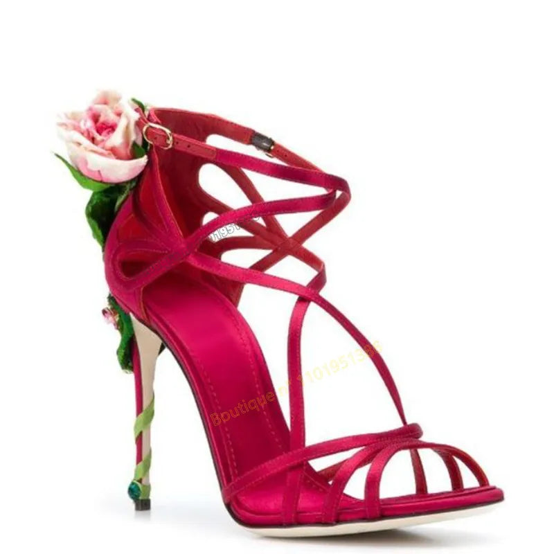 Pink back flower decor sandals women wedding band decor twine heel fashion high heels shoes – Pollyanna Events