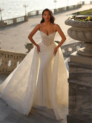 Customized Illusion Lace Corset Wedding Dress 2025 Spaghetti Straps Lace Beaded Bride Dresses Detachable Train Vestidos De Novia