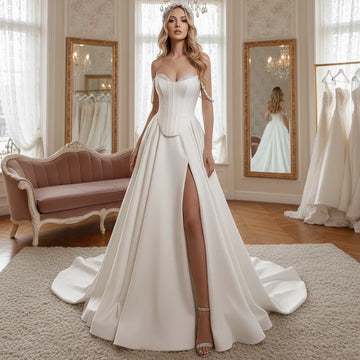 Simple Beaded Pearl Ball Gown Wedding Dresses With Slit Vestidos Novia Long Ball Gown Satin Bridal Party Gown For Women