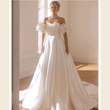 Satin A Line Wedding Dresses For Women Elegant Off Shoulder Bride Gowns Pleats Bridal Dress Pockets Customized Vestido De Novia