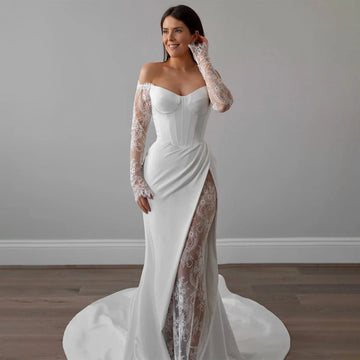 Elegant Lace Long Sleeve Wedding Dresses For Bride 2025 Vestidos Novia Off Shoulder Slit Satin Bridal Gown For Women