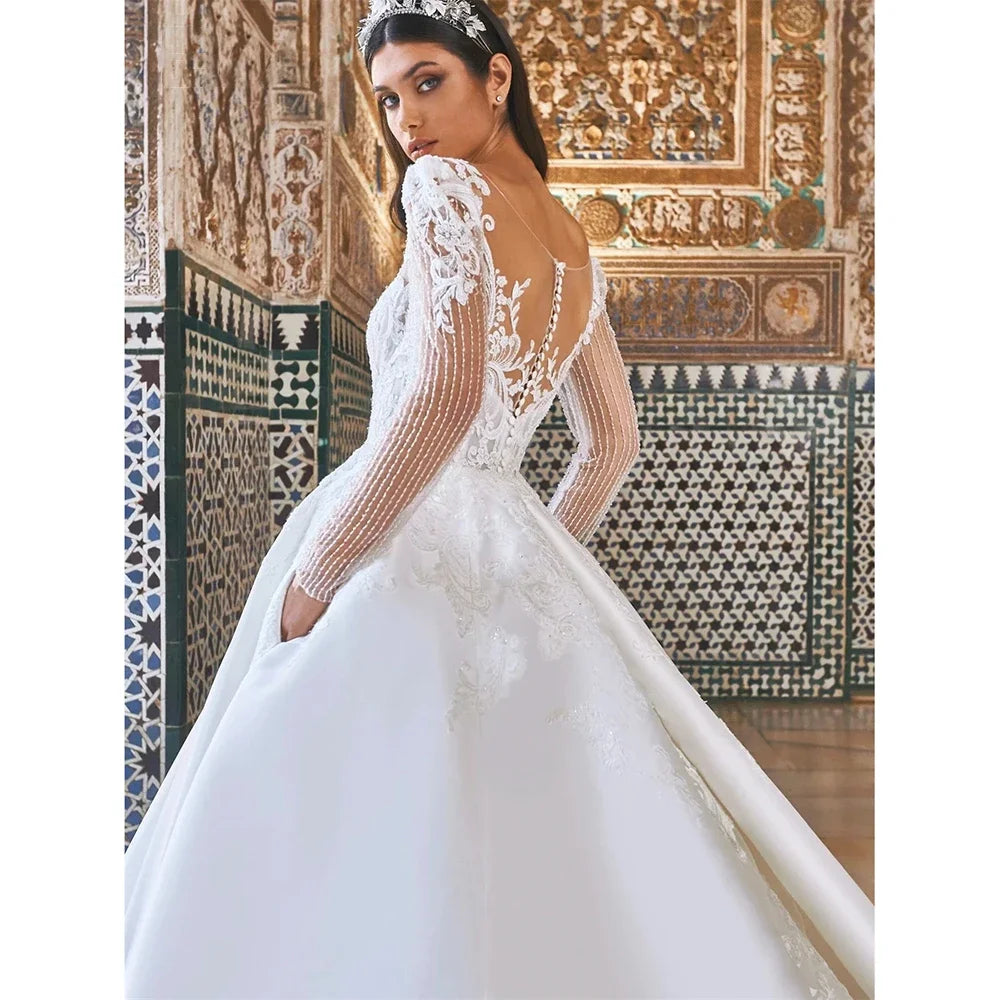 Customized Luxury Elegant Satin Ball Gown Wedding Dresses Lace Applique Tulle V Neck Long Sleeve Bridal Gowns Vestidos De Novia