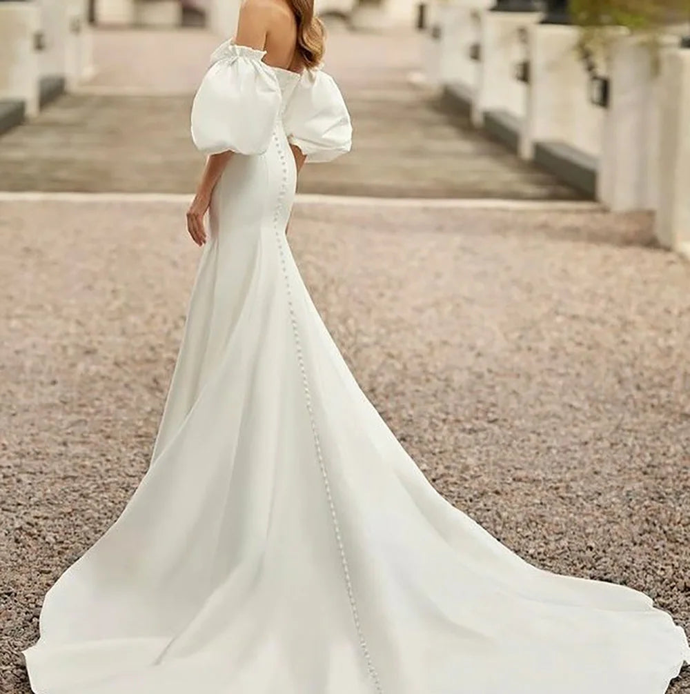 2025 Mermaid Wedding Dresses Women Off Shoulder Puff Sleeve Satin Wedding Gown Buttons Bridal Dress Bride Gown Customized