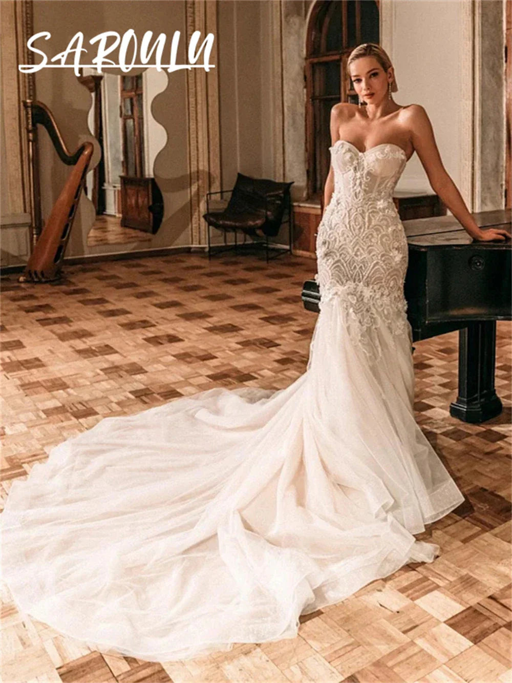 Luxury embroidery detachable sleeves strapless long wedding dress appliques robe de mariee bride – Pollyanna Events